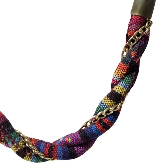 Boho Colorful Chunky Necklace Fabric Wrapped Gold Tone Chain Fashion Jewelry - Picture 2 of 5